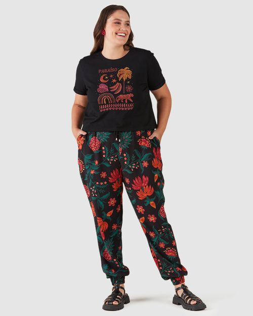 Calça Jogger Feminina Plus Size Floral Em Viscose