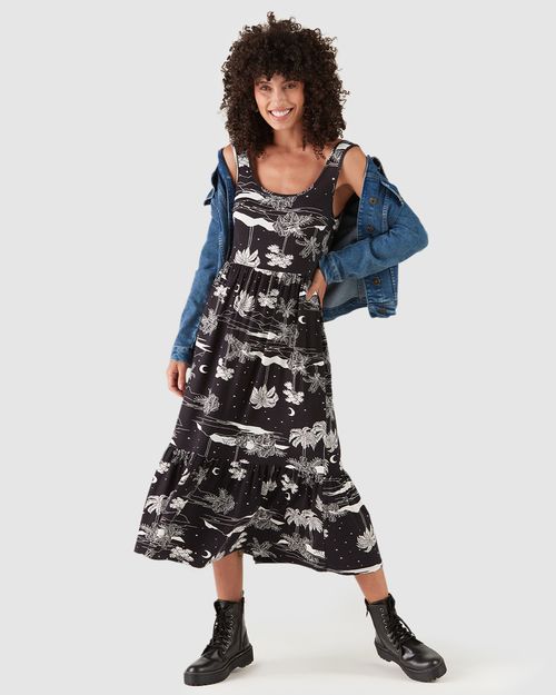 Vestido Midi Feminino Tropical Em Viscose Stretch