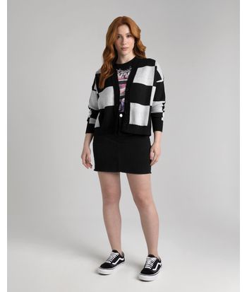 Cardigan Amplo Feminino Quadriculado Em Tricô