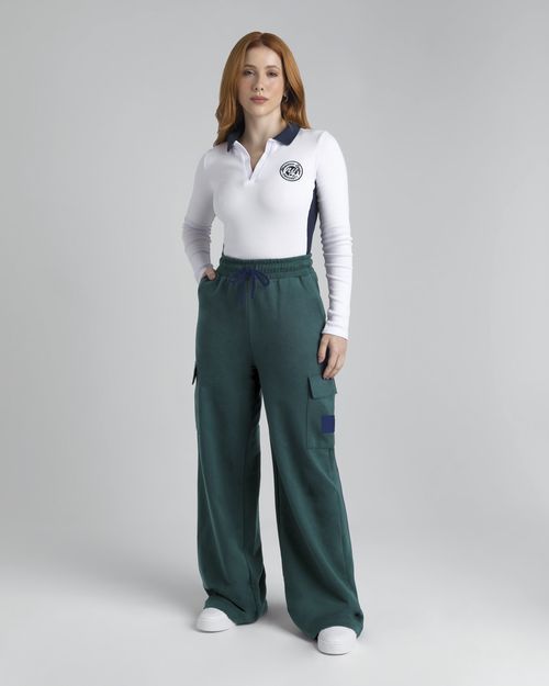 Calça Wide Leg Feminina Com Bolso Cargo Em Moletom