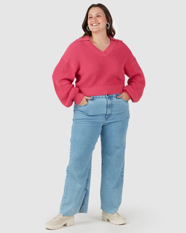 Blusão Cropped Feminino Plus Size Gola V Em Tricô