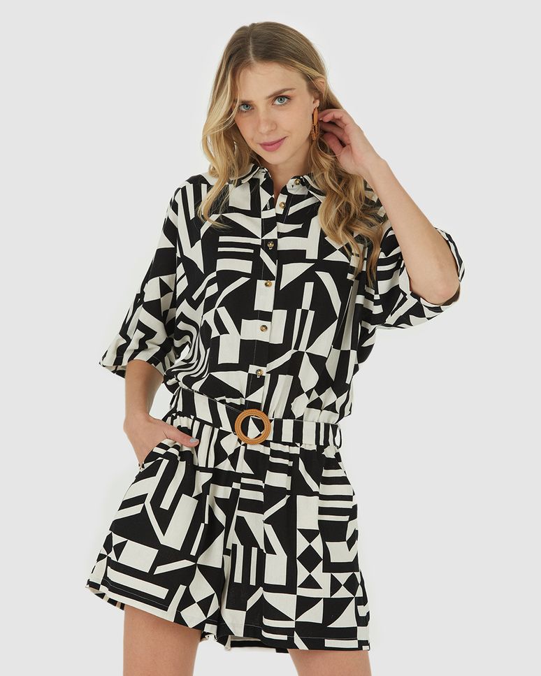 Macaquinho Feminino Gola Camisa Com Cinto Em Viscolinho