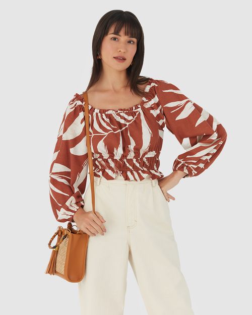 Blusa Cropped Feminina Manga Longa Em Viscolinho