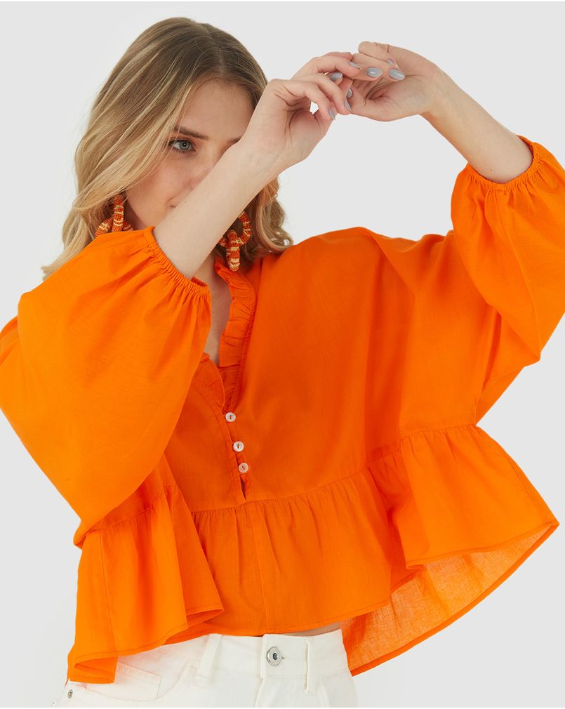 Camisa Feminina Gola V Babados Em Tricoline Laranja G - Malwee