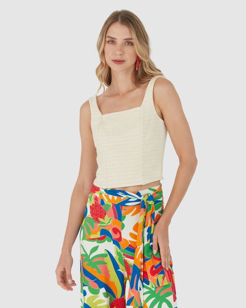 Regata Cropped Feminina Decote Quadrado Em Malha Tweed