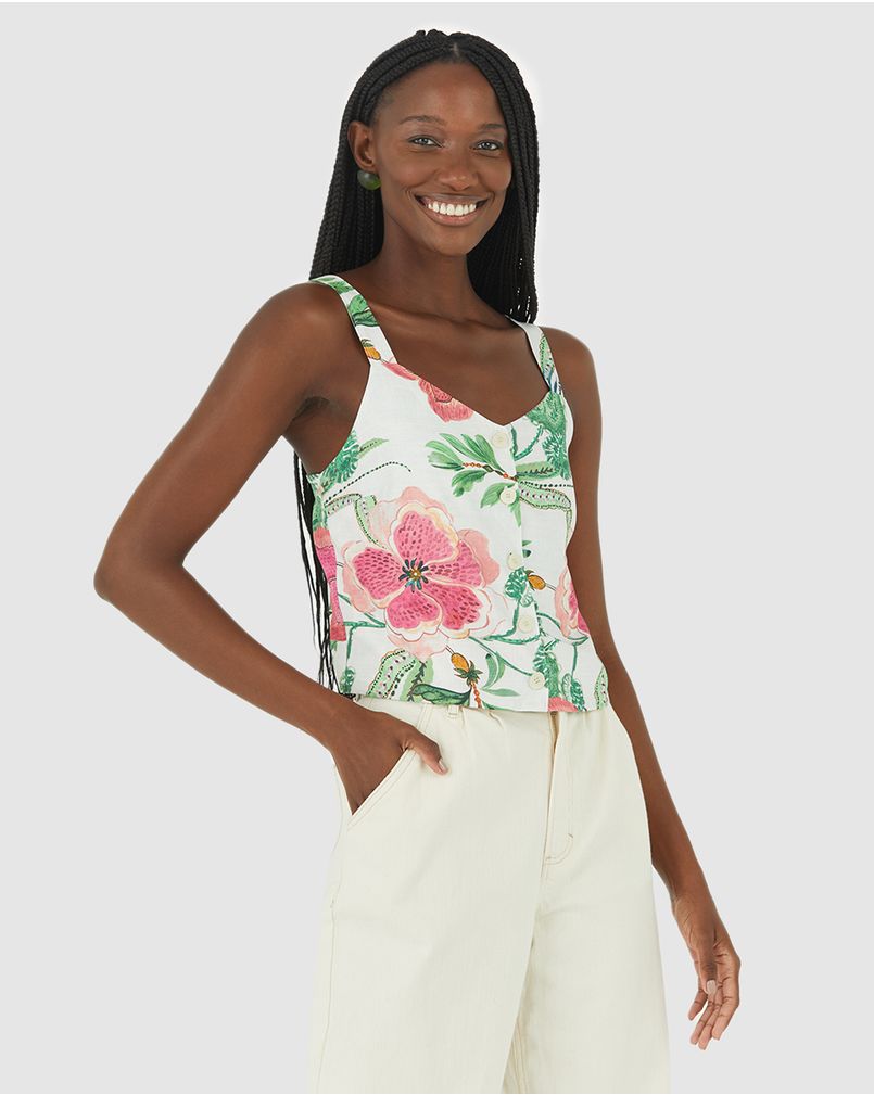 Regata Feminina Floral Abertura Frontal Por Botões Viscose Off