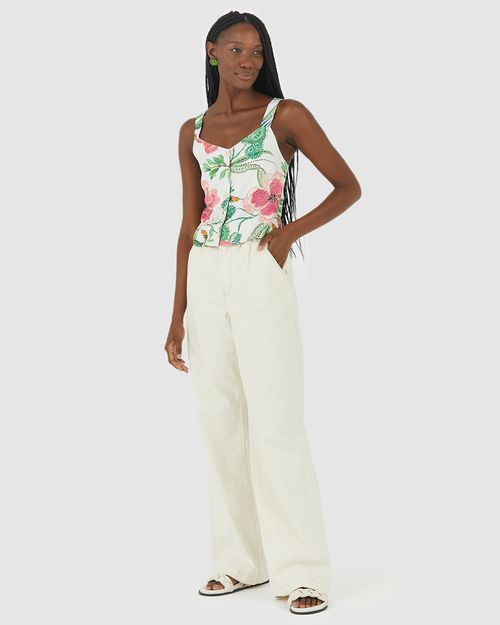 Regata Feminina Floral Abertura Frontal Por Botões Em Viscose