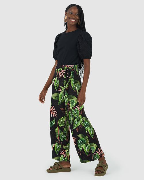 Calça Reta Feminina Folhagem Com Faixa Em Moletinho Stretch Viscose