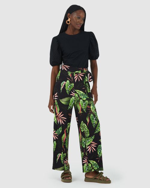 Calça Reta Feminina Folhagem Com Faixa Em Moletinho Stretch Viscose