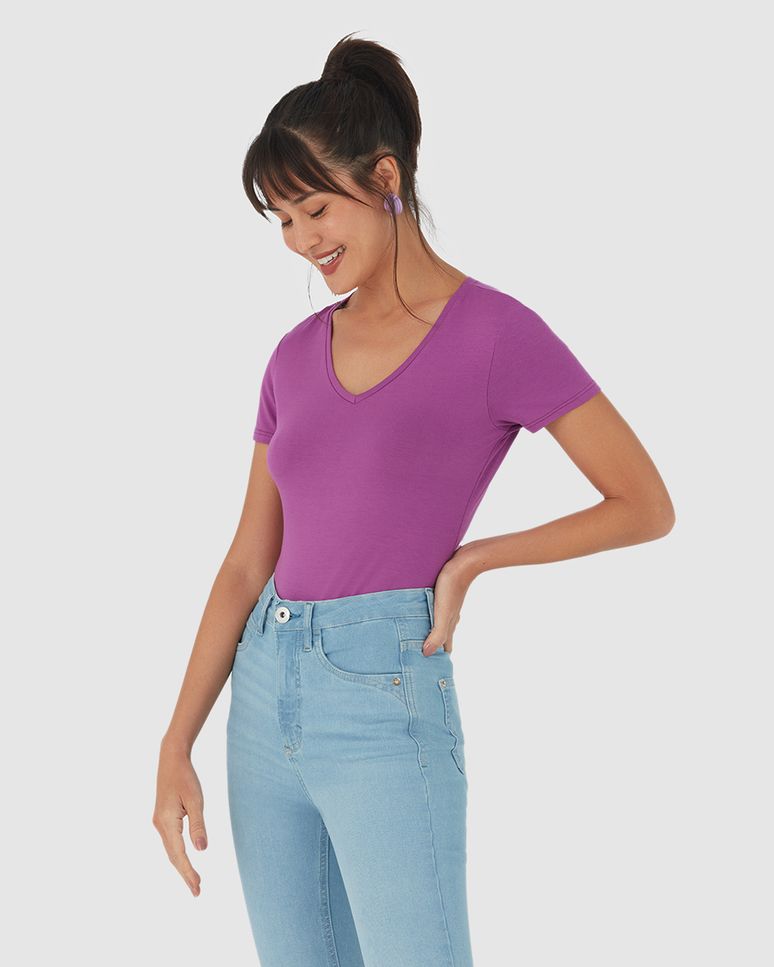 Blusa Básica Feminina Decote V Em Viscose Stretch