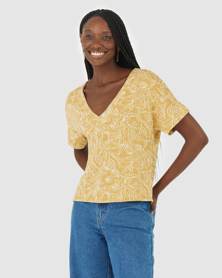Blusa Feminina Estampada Decote V Em Moletinho Stretch Viscose