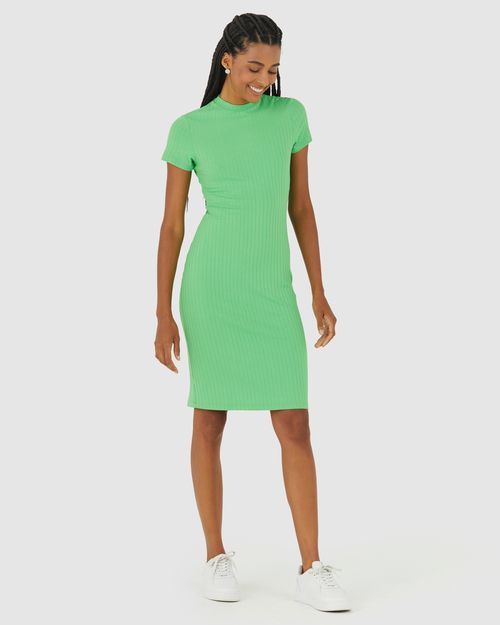 Vestido Básico Feminino Gola Alta Em Malha Canelada De Viscose