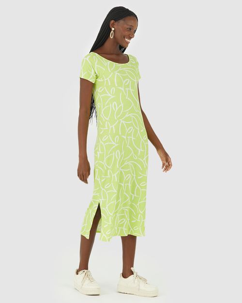 Vestido Feminino Estampado Fenda Lateral Em Malha Canelada De Viscose