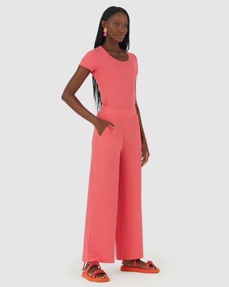 Calça Wide Leg Feminina Cintura Alta Em Malha Canelada De Viscose