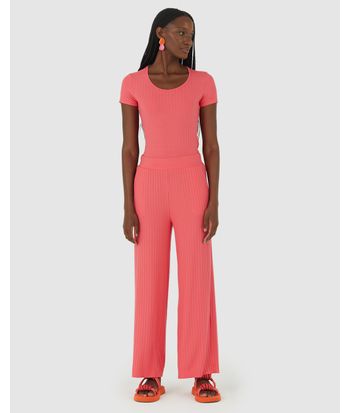 Calça Wide Leg Feminina Cintura Alta Em Malha Canelada De Viscose