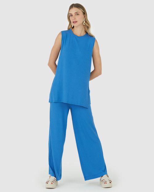 Calça Wide Leg Feminina Cintura Alta Em Malha Canelada De Viscose