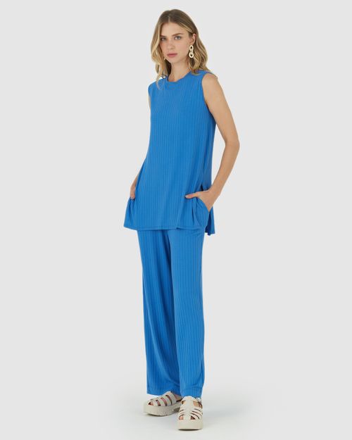 Calça Wide Leg Feminina Cintura Alta Em Malha Canelada De Viscose