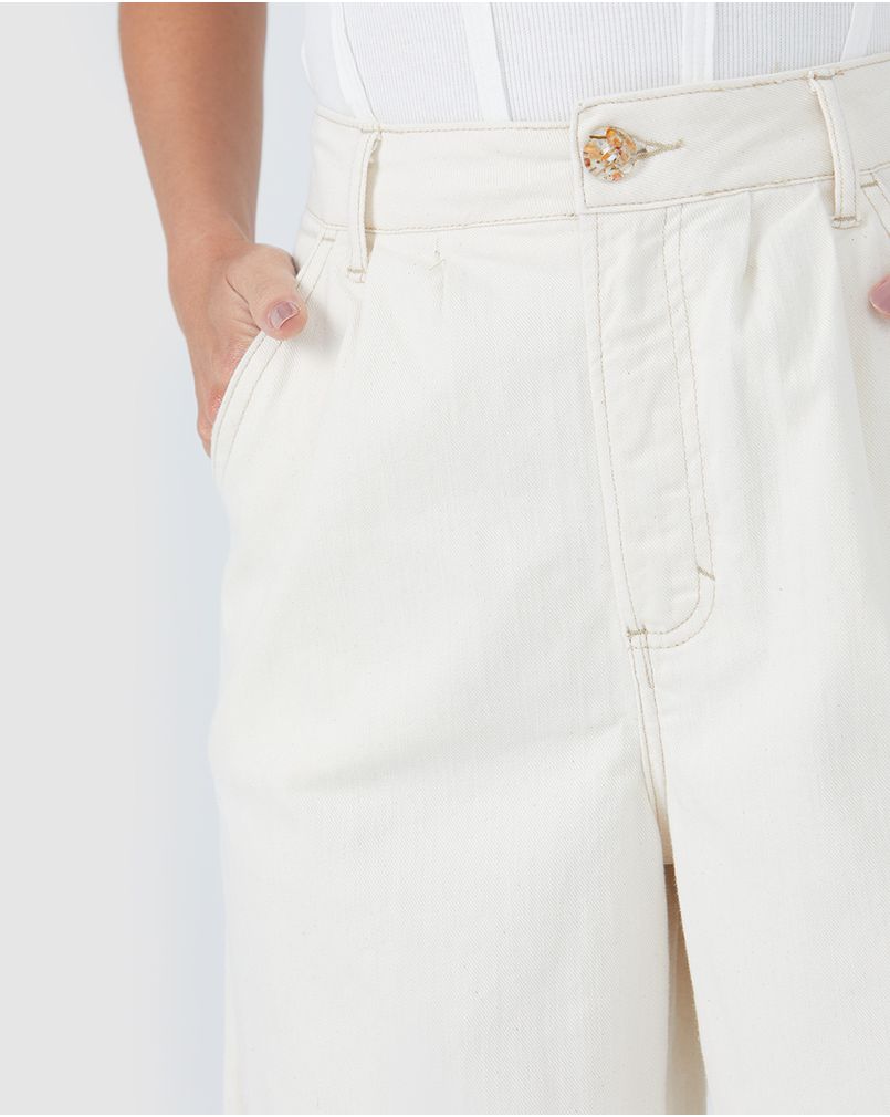 Calça Wide Leg Feminina Cintura Alta Sarja White Denim Off White