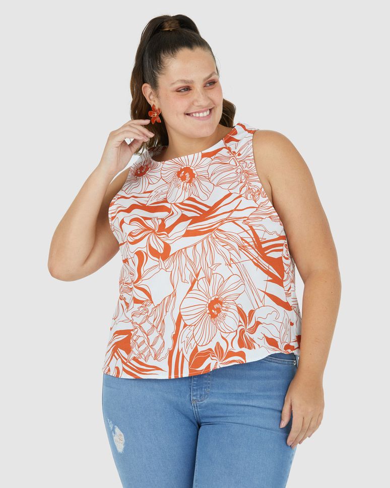 Regata Feminina Plus Size Floral Em Viscolinho Sustentável