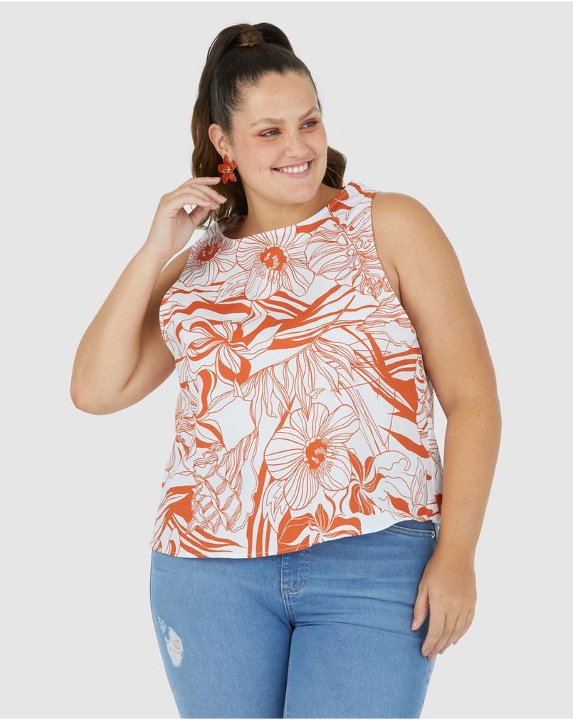 Regata Feminina Plus Size Floral Em Viscolinho Sustentável Laranja