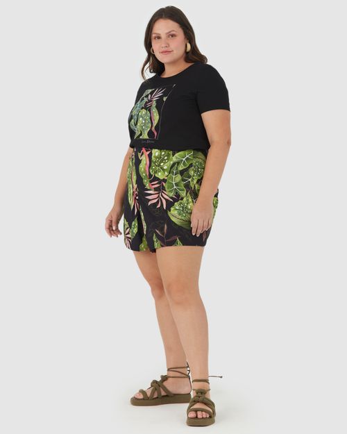 Shorts Feminino Plus Size Folhagem Com Bolsos Em Viscose