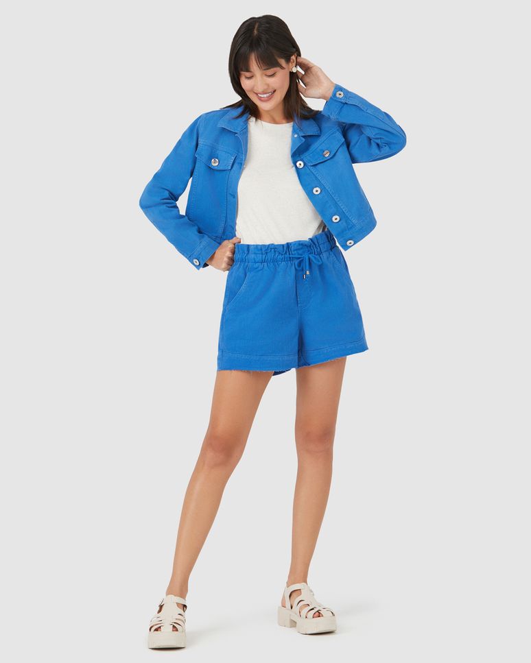 Shorts Feminino Linha A Cós Elástico Em Jeans 100% Algodão