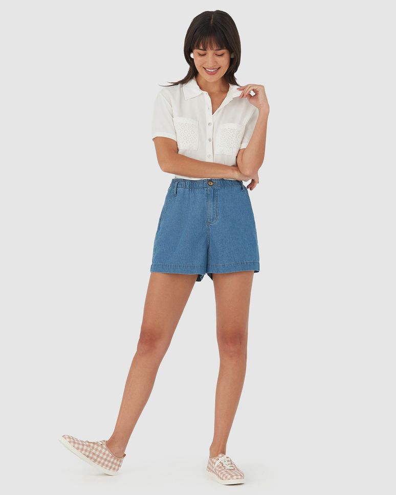 Shorts Feminino Cós Elástico Em Jeans Leve Soft