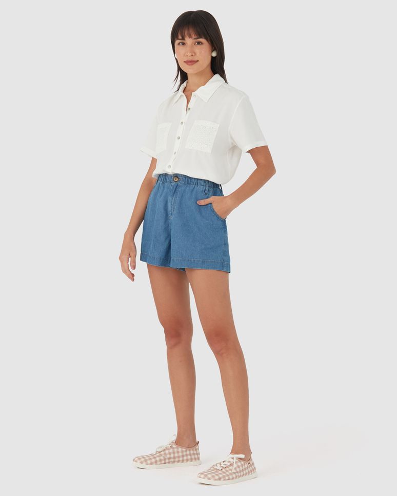 Shorts Feminino Cós Elástico Em Jeans Leve Soft