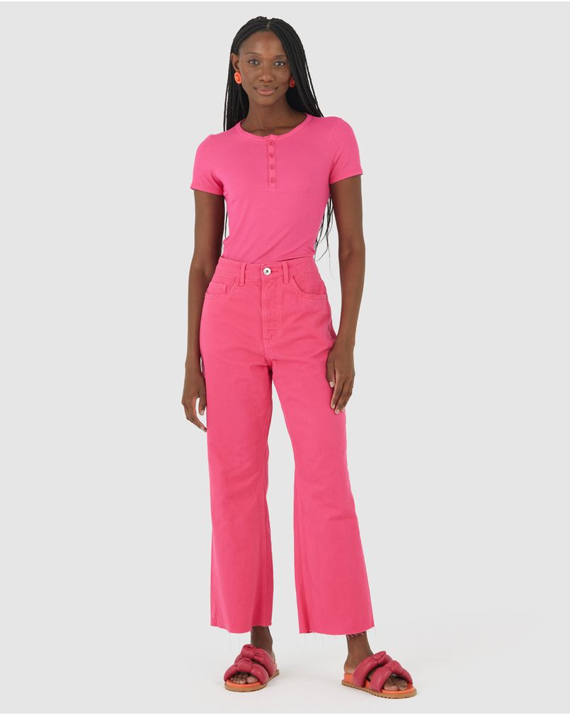 Calça Straight Cropped Feminina Em Sarja 100% Algodão Rosa Escuro