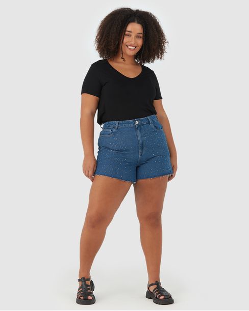 Shorts Mom Feminino Plus Size Com Strass Em Jeans 100% Algodão