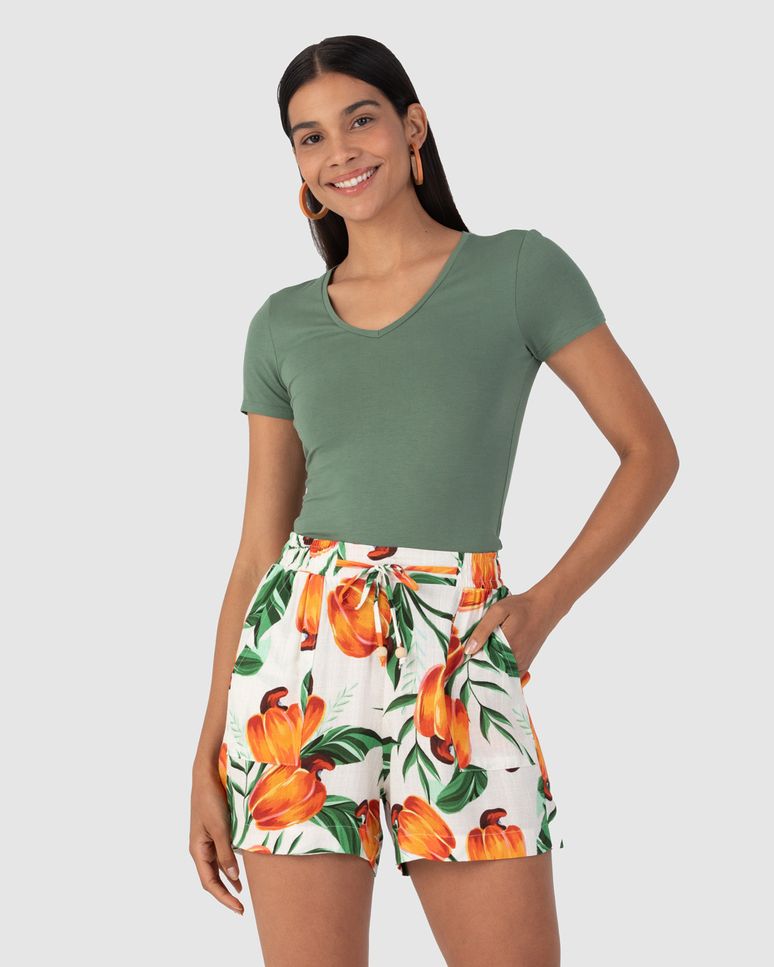 Blusa Básica Feminina Decote V Em Viscose Stretch