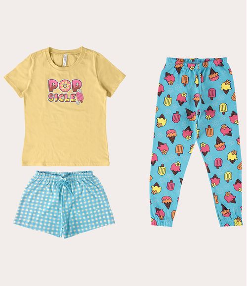 Pijama Infantil Menina Estampada Shorts + Calça Em Algodão Malwee Kids