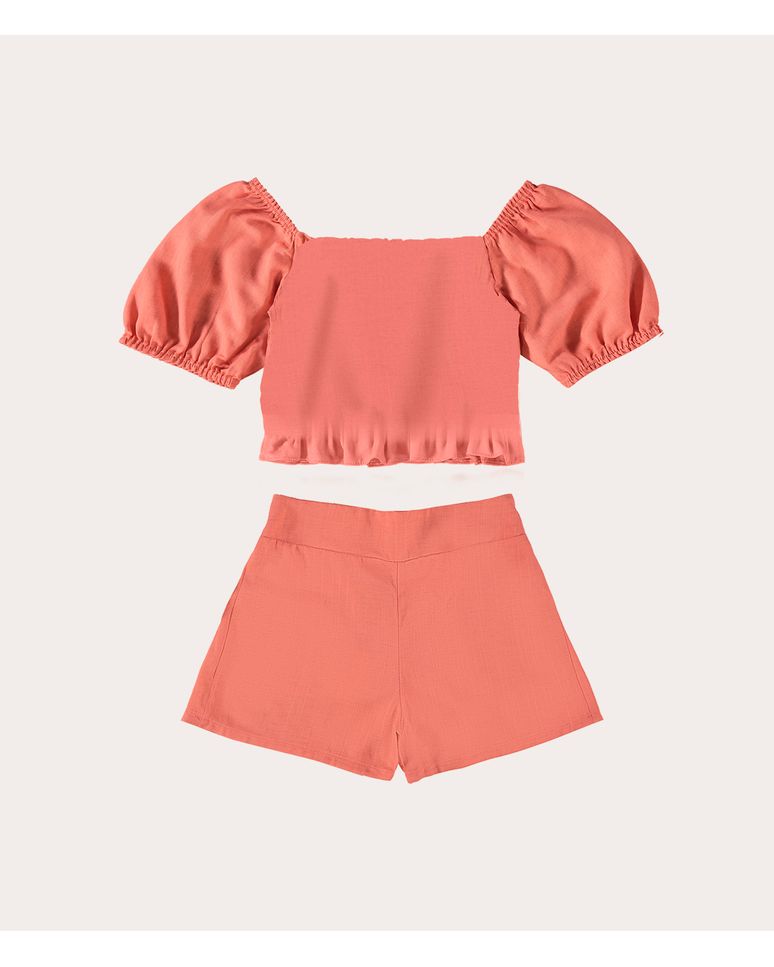 Conjunto Infantil Menina Liso Manga Bufante Em Linho Malwee Kids