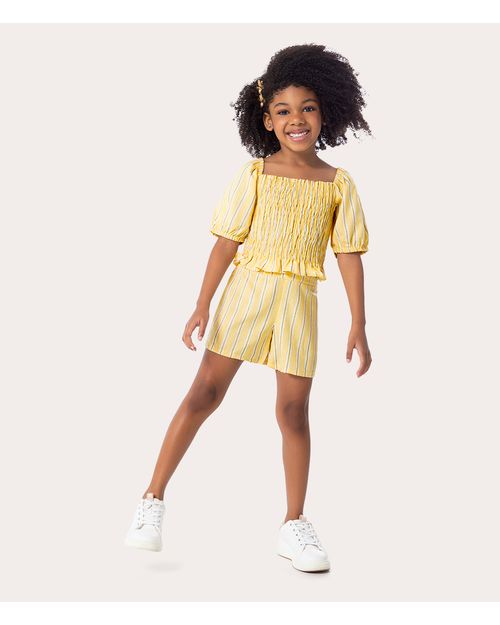 Conjunto Infantil Menina Listrado Manga Bufante Em Linho Malwee Kids