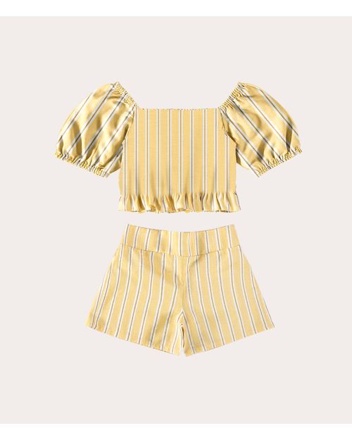Conjunto Infantil Menina Listrado Manga Bufante Em Linho Malwee Kids