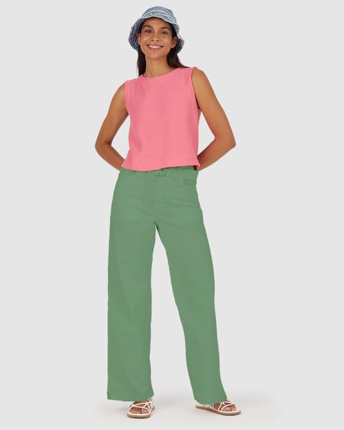 Calça Wide Leg Feminina Com Cinto Em Sarja Com Elastano