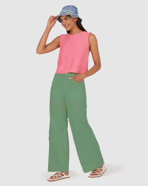 Calça Wide Leg Feminina Com Cinto Em Sarja Com Elastano