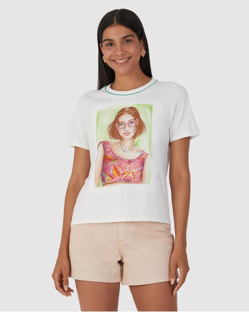 Camiseta Feminina Manga Curta Estampa Frontal Em Algodão