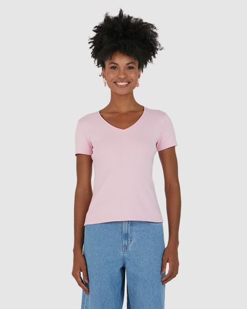 Blusa Básica Feminina Decote V Manga Curta Em Algodão