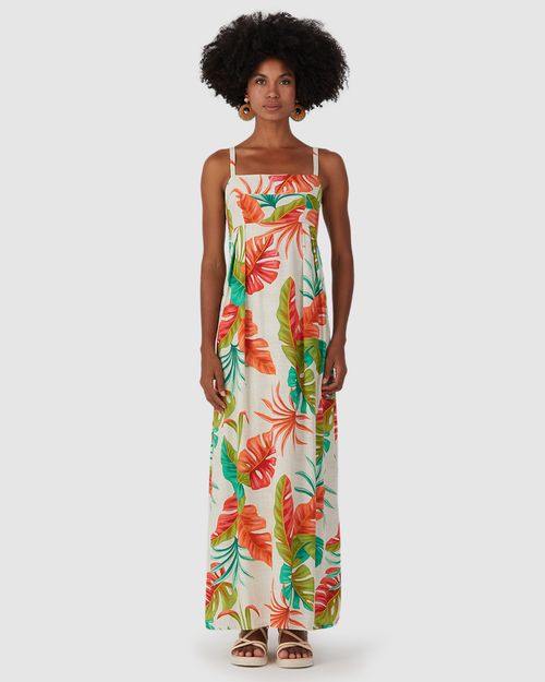 Vestido Longo Feminino Estampado Decote Reto Em Viscose