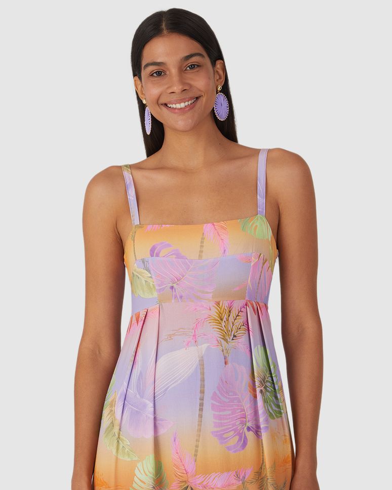 Vestido Longo Feminino Estampado Decote Reto Em Viscose