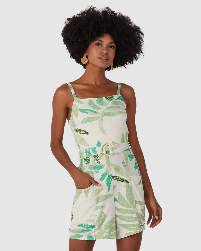 Macaquinho Feminino Decote Reto Com Cinto Em Viscose Stretch