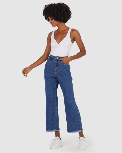 Calça Straight Cropped Feminina Barra Desfiada Em Jeans 100% Algodão