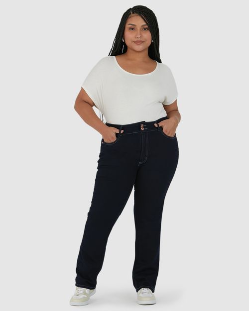 Calça Feminina Plus Size Reta Cintura Média Em Flex Jeans