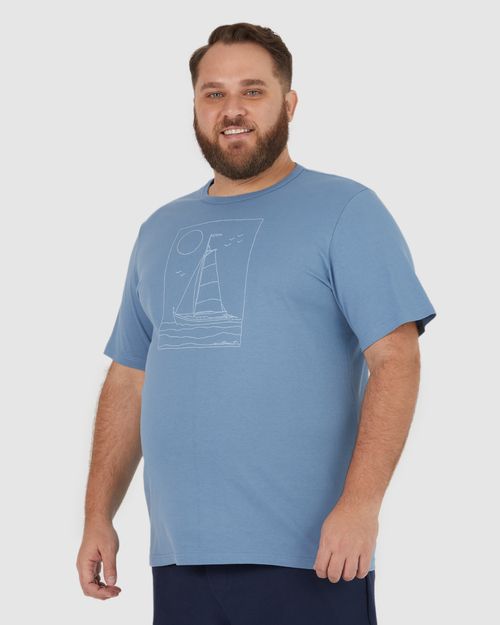 Camiseta Masculina Plus Size Gola Redonda Sailboat Em Algodão