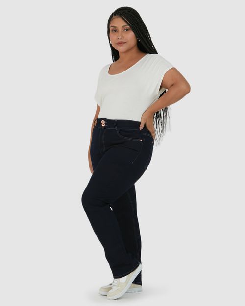 Calça Feminina Plus Size Reta Cintura Média Em Flex Jeans