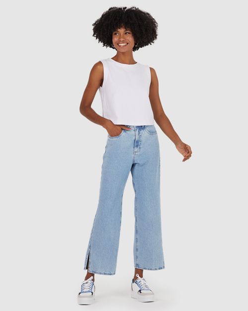 Calça Straight Cropped Feminina Fenda Na Barra Em Jeans 100% Algodão