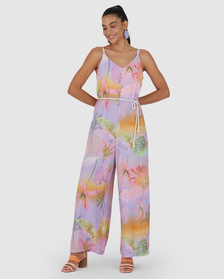 Macacão Feminino Estampado Cinto Cordão Em Viscose