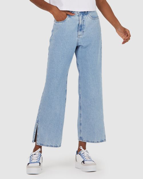 Calça Straight Cropped Feminina Fenda Na Barra Em Jeans 100% Algodão