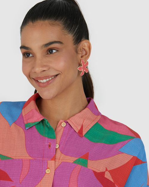 Camisa Feminina Estampada Recorte Frontal Em Viscose